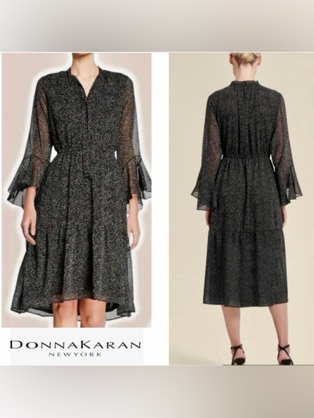 Donna Karan Black Speckled Sheer-Sleeve Midi Dress